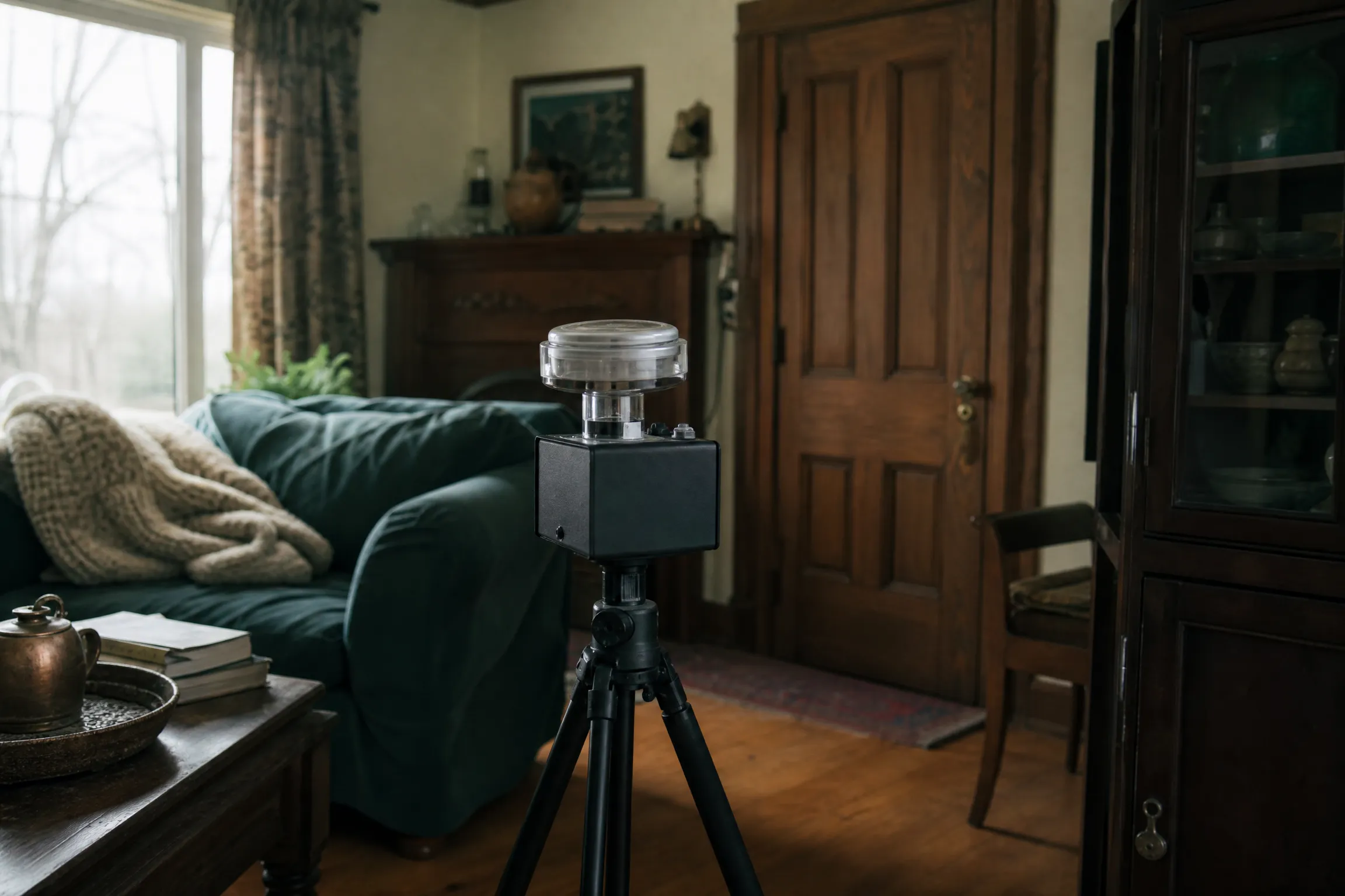 Air sampling pump collecting an indoor air quality sample in a Maine living room