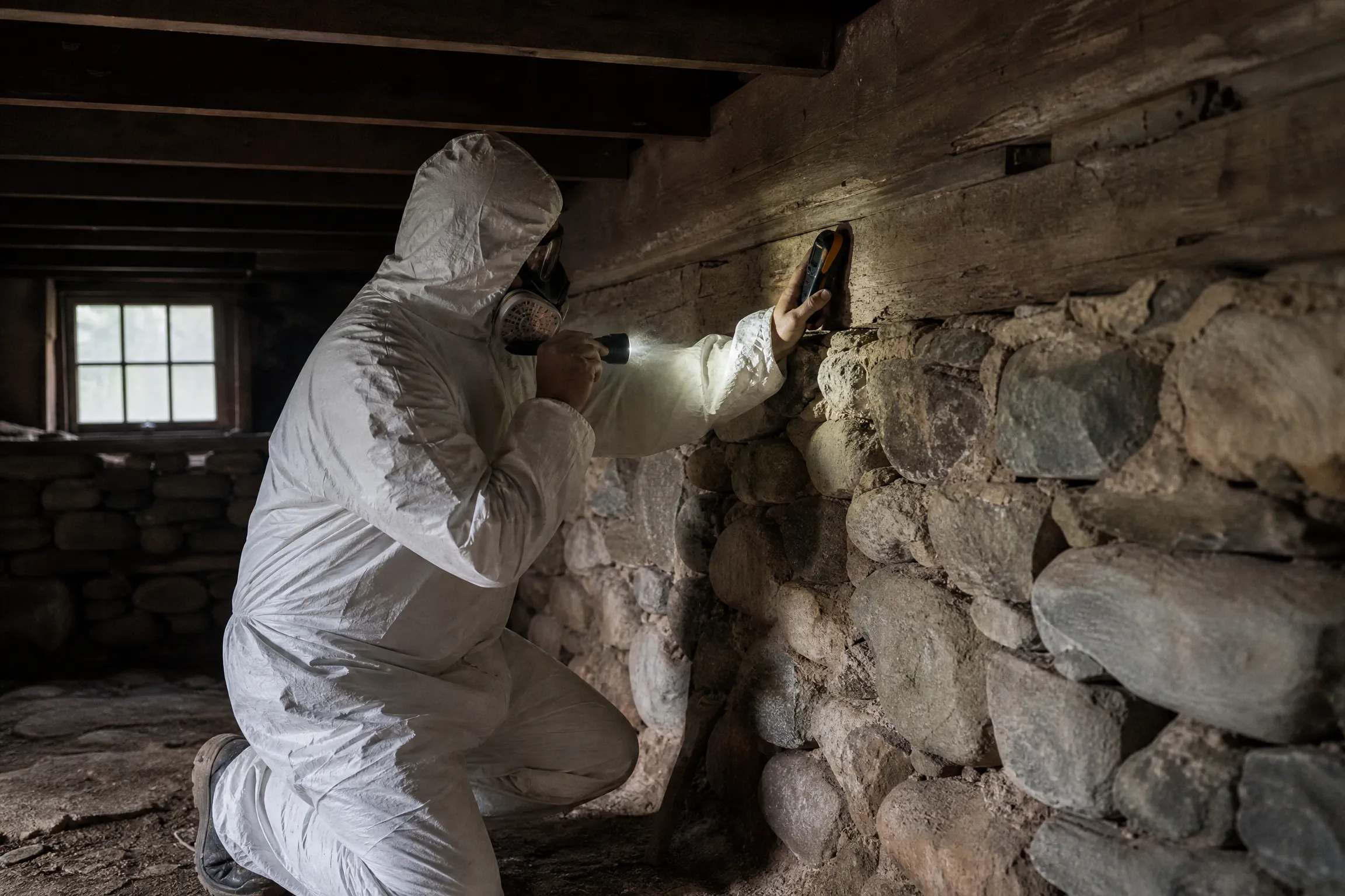 Technician checking a fieldstone foundation wall with a moisture meter